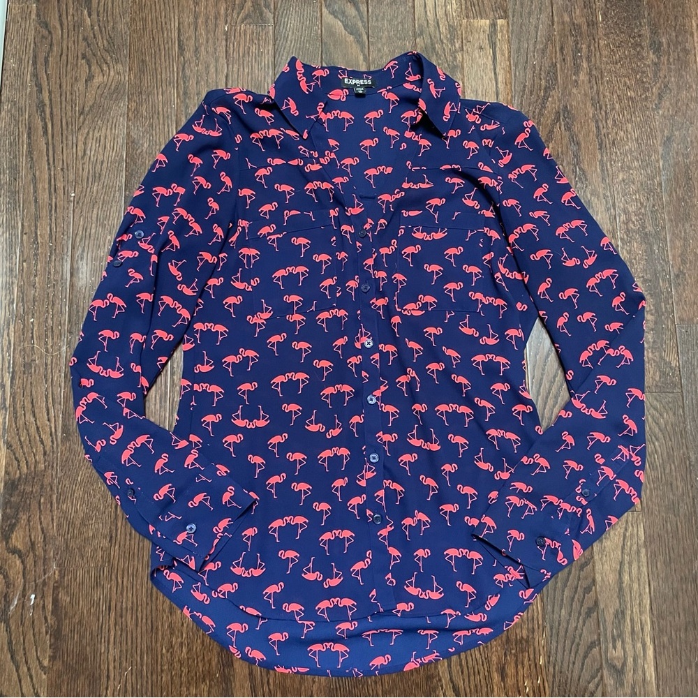 Express Navy Shirt with Red Flamingo Design